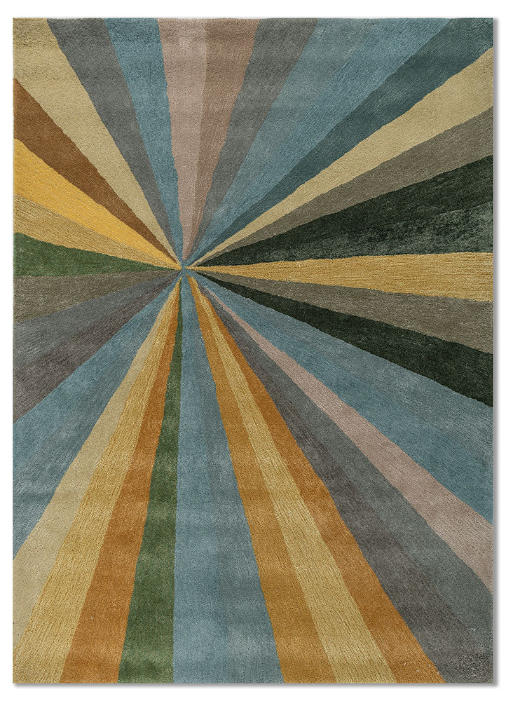 Alternate full view of Aurora Rays hand tufted wool rug with bold radiant lines.