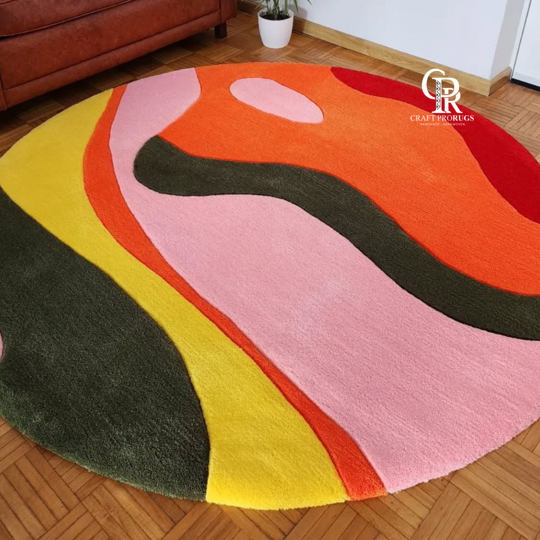 Hand-tufted Round Pop Rug placed in living room setup with modern décor