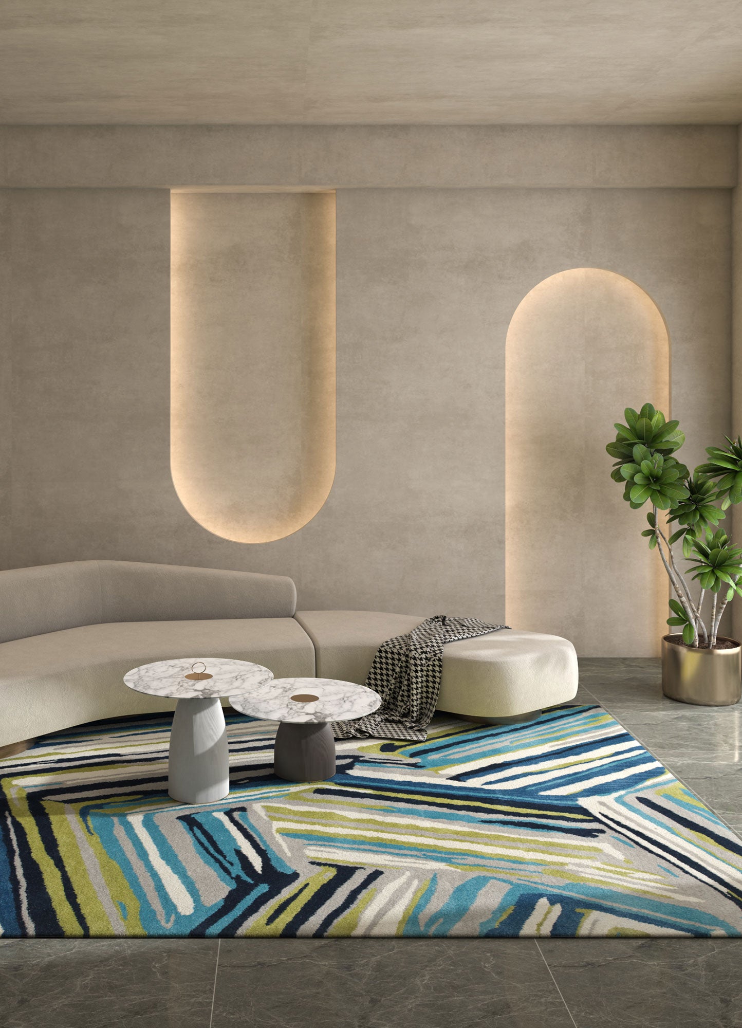 Linear Pattern hand tufted wool rug styled in a modern interior showcasing multicolor linear design and premium wool texture