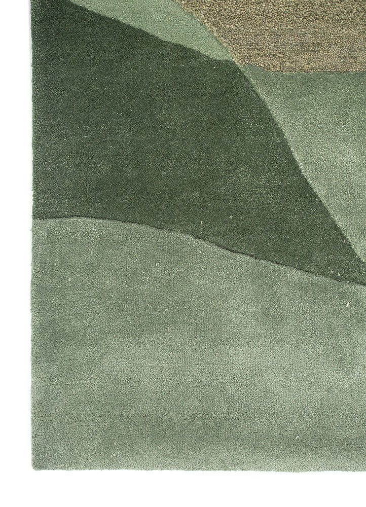 Pattern detail of Sage Horizon hand tufted wool rug displaying organic layered forms in calm sage and earth tones.