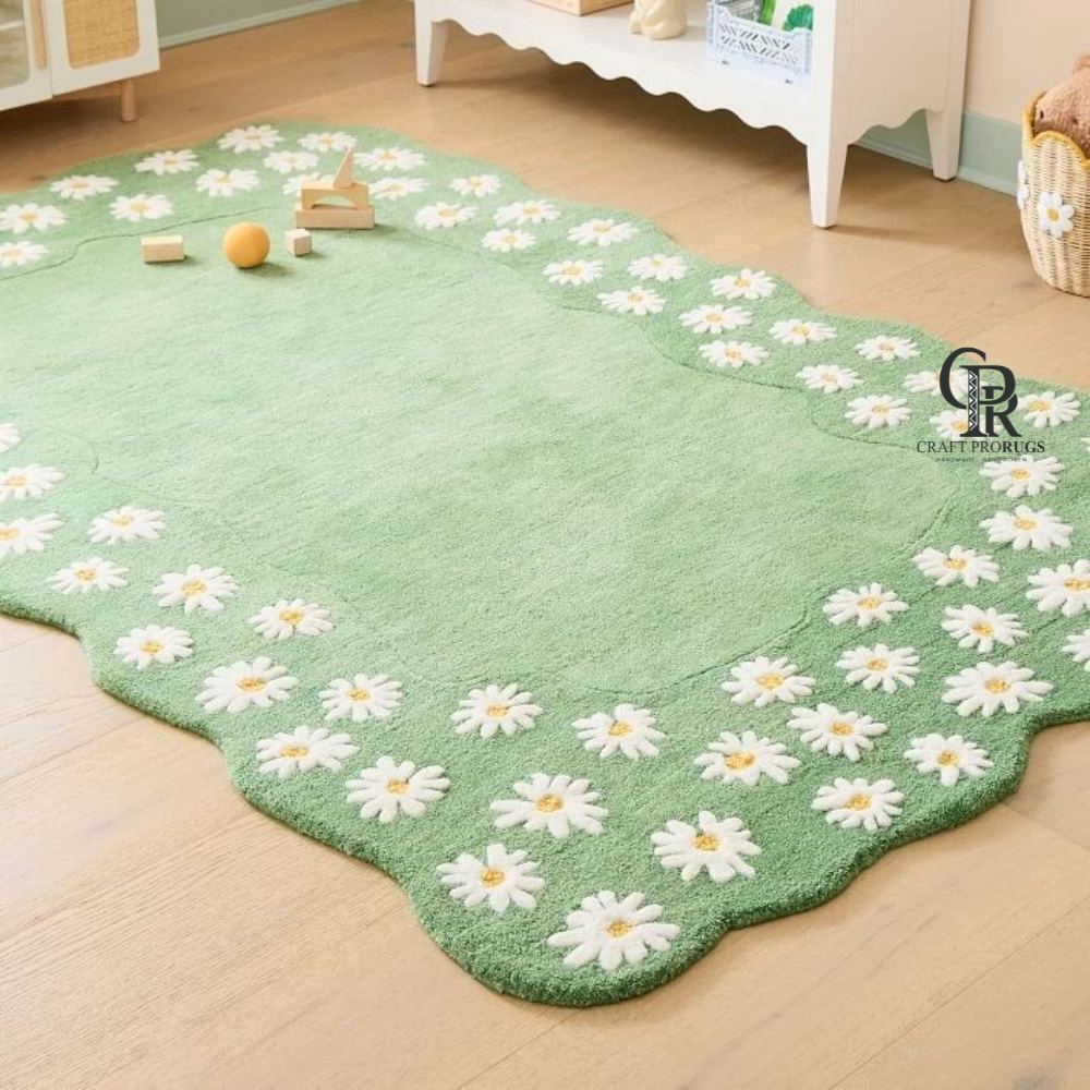 Daisy Flower Green Rug