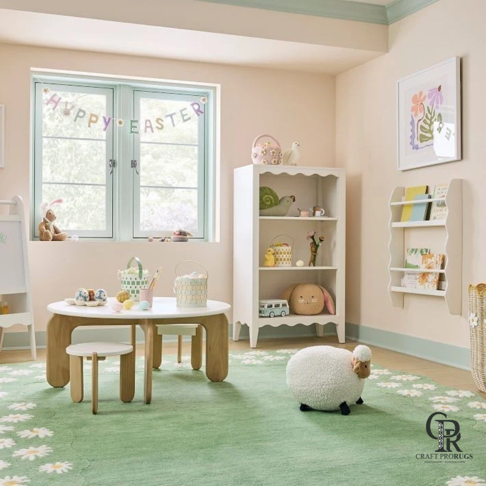 Daisy Flower Green Rug