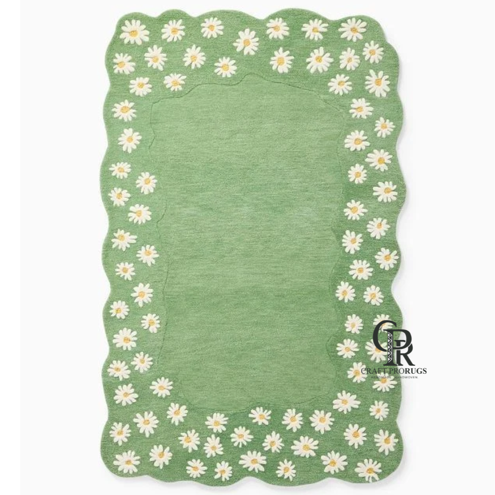 Daisy Flower Green Rug