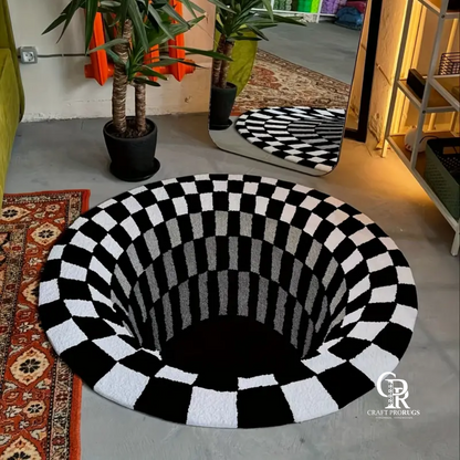 3D optical hand tufted illusion rug in black and white checkerboard design