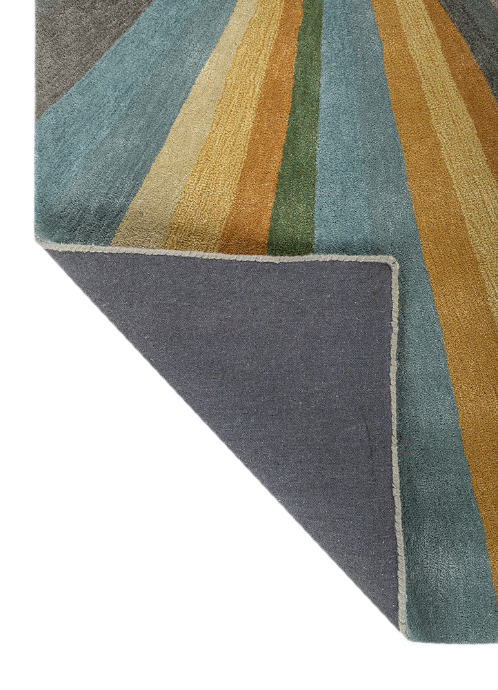 Backside view of Aurora Rays hand tufted wool rug showing clean finish.