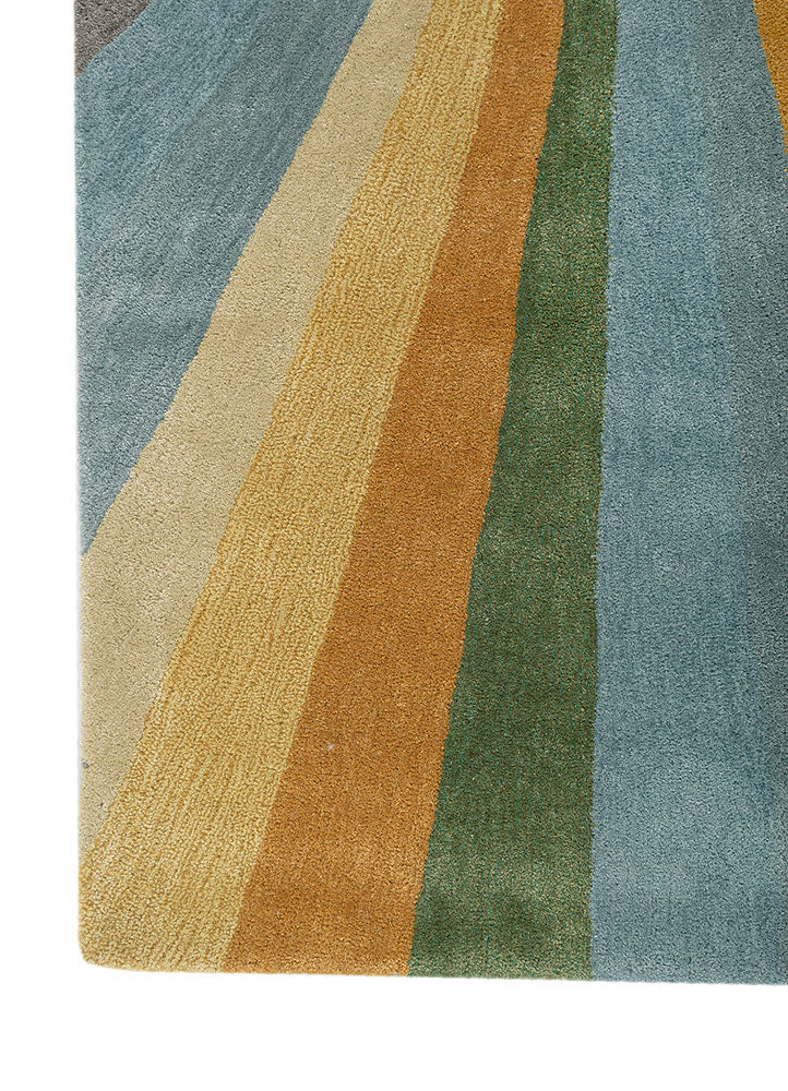 Pattern detail of Aurora Rays hand tufted wool rug with multicolor ray design.
