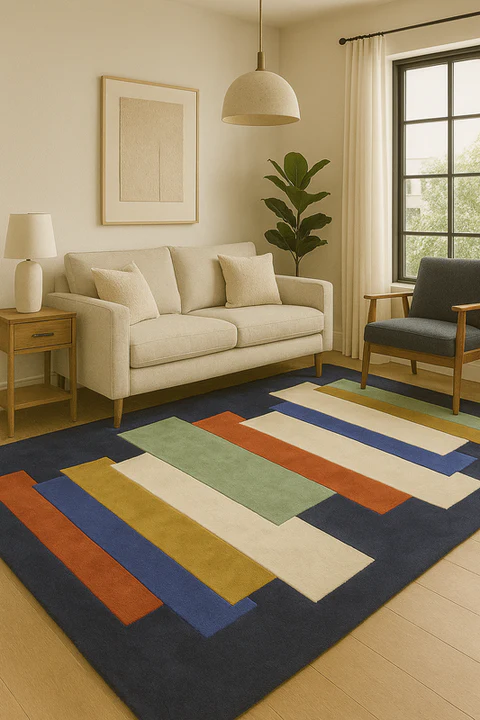 Axis Blocks Multicolor hand tufted wool rug styled in a modern living room showing bold block design and multicolor pattern.