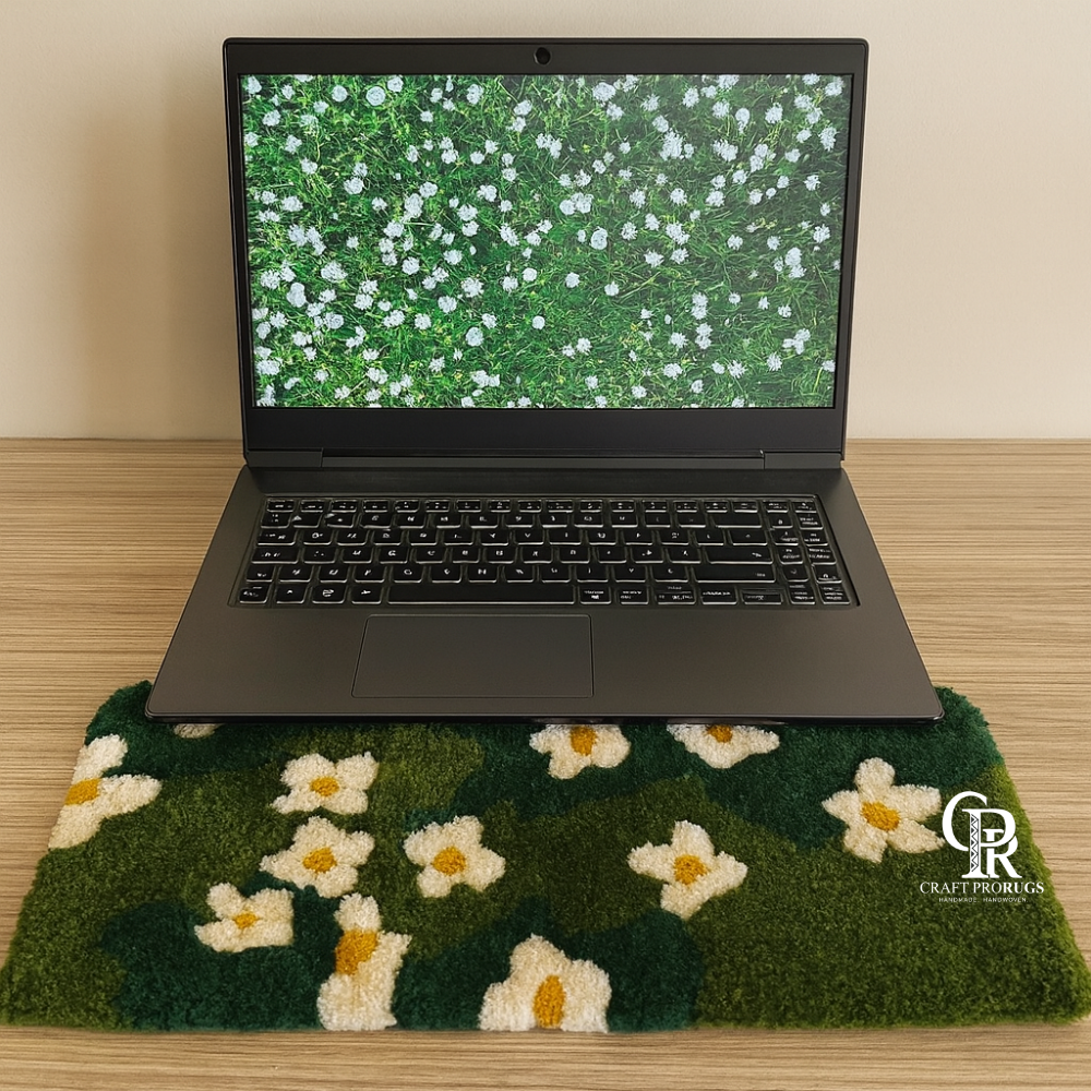 Green floral desk rug used with laptop, hand-tufted daisy design for keyboard workspace comfort.