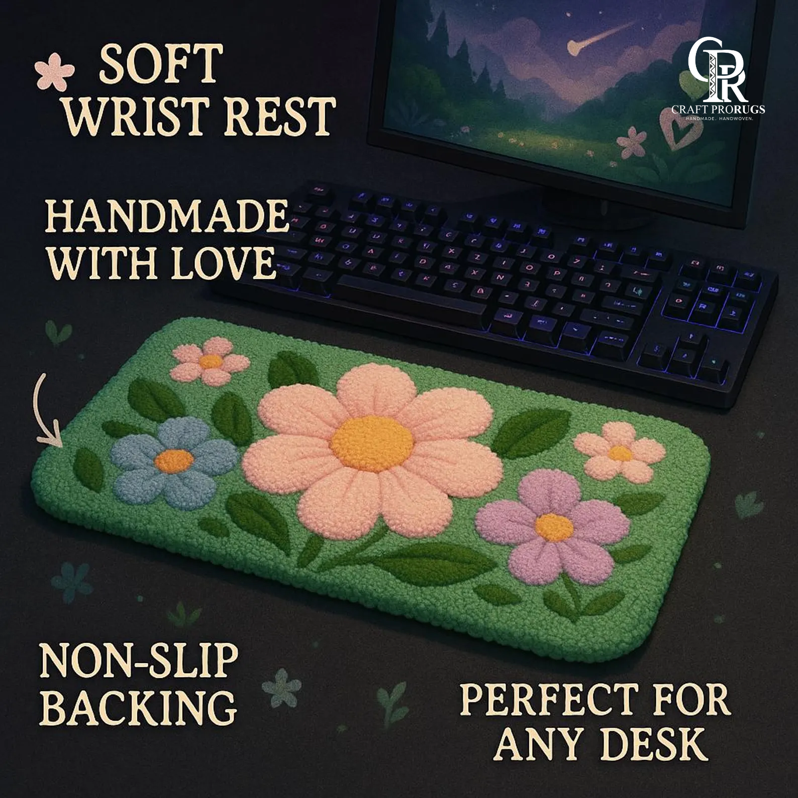 Green floral keyboard rug in front of pc 
