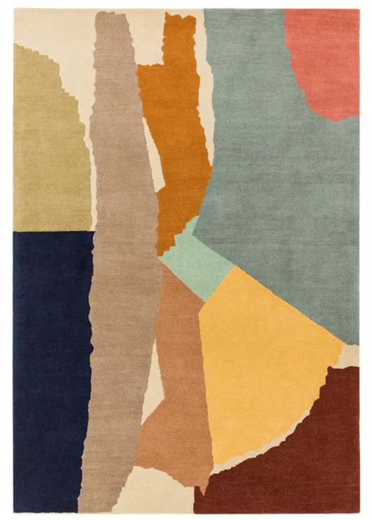 Layered Canvas hand tufted wool rug featuring abstract layered shapes in earthy tones shown in full front view.