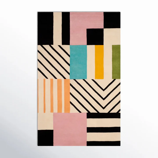 ModuLinea Abstract Geometric hand tufted wool rug featuring bold geometric blocks striped patterns and soft multicolor design shown in full view.