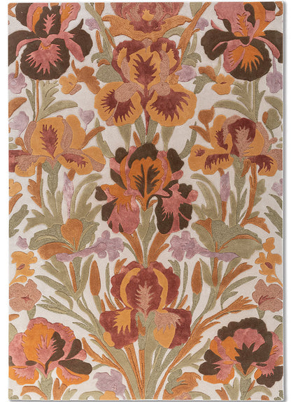 Hand tufted wool rug with ornate floral pattern in warm earthy tones shown in full view highlighting overall design and craftsmanship.