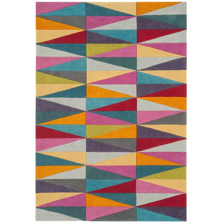 Prism Echo Multicolor Geometric hand tufted wool rug shown in full view highlighting repeating triangle design and rich multicolor palette.