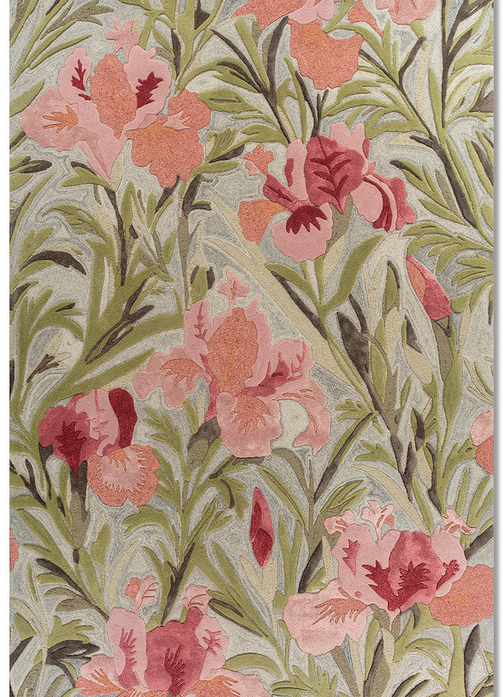 Hand tufted wool rug with serene floral pattern in soft pastel tones shown in full view highlighting overall design and texture.