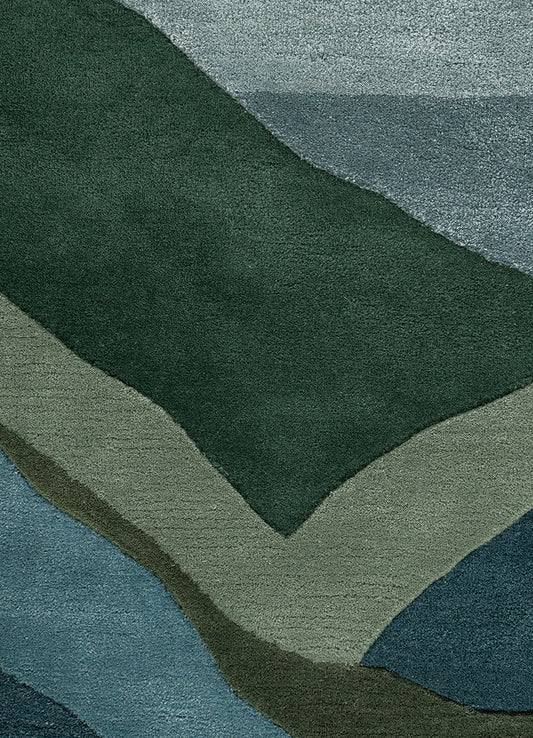 Full rug view of Verdant Ridge hand tufted wool rug showing complete abstract ridge pattern in green blue and grey tones.