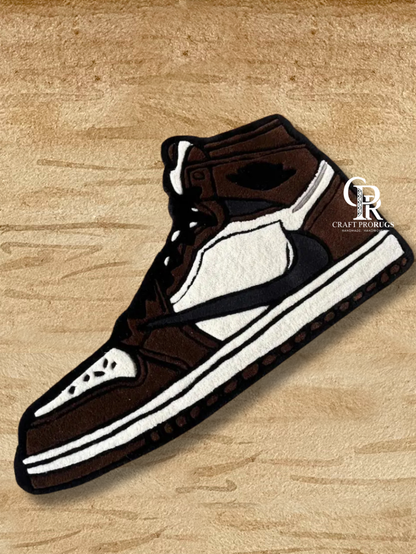 Front view of Air Jordan Brown Hand-Tufted Rug featuring a rich brown sneaker design with premium wool finish.