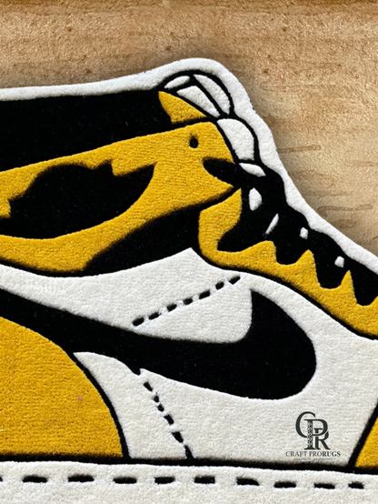 Close-up of Air Jordan Yellow Hand-Tufted Rug highlighting premium wool texture and detailed sneaker artwork.