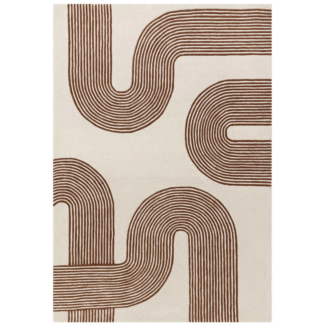 Abstract curve section of Amity Terra Linear hand tufted wool rug featuring layered lines and warm terra color contrast.