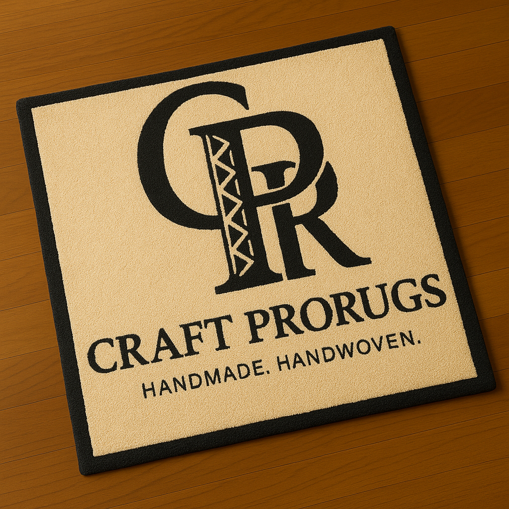 Beige CPR logo rug angled view showing black monogram on hand-tufted rug displayed on wooden background.