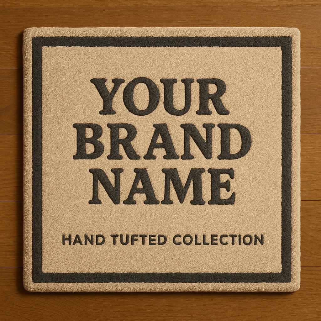 Beige custom logo rug front view showing hand-tufted design with black border and bold placeholder text on wooden surface.