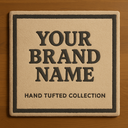 Beige custom logo rug front view showing hand-tufted design with black border and bold placeholder text on wooden surface.