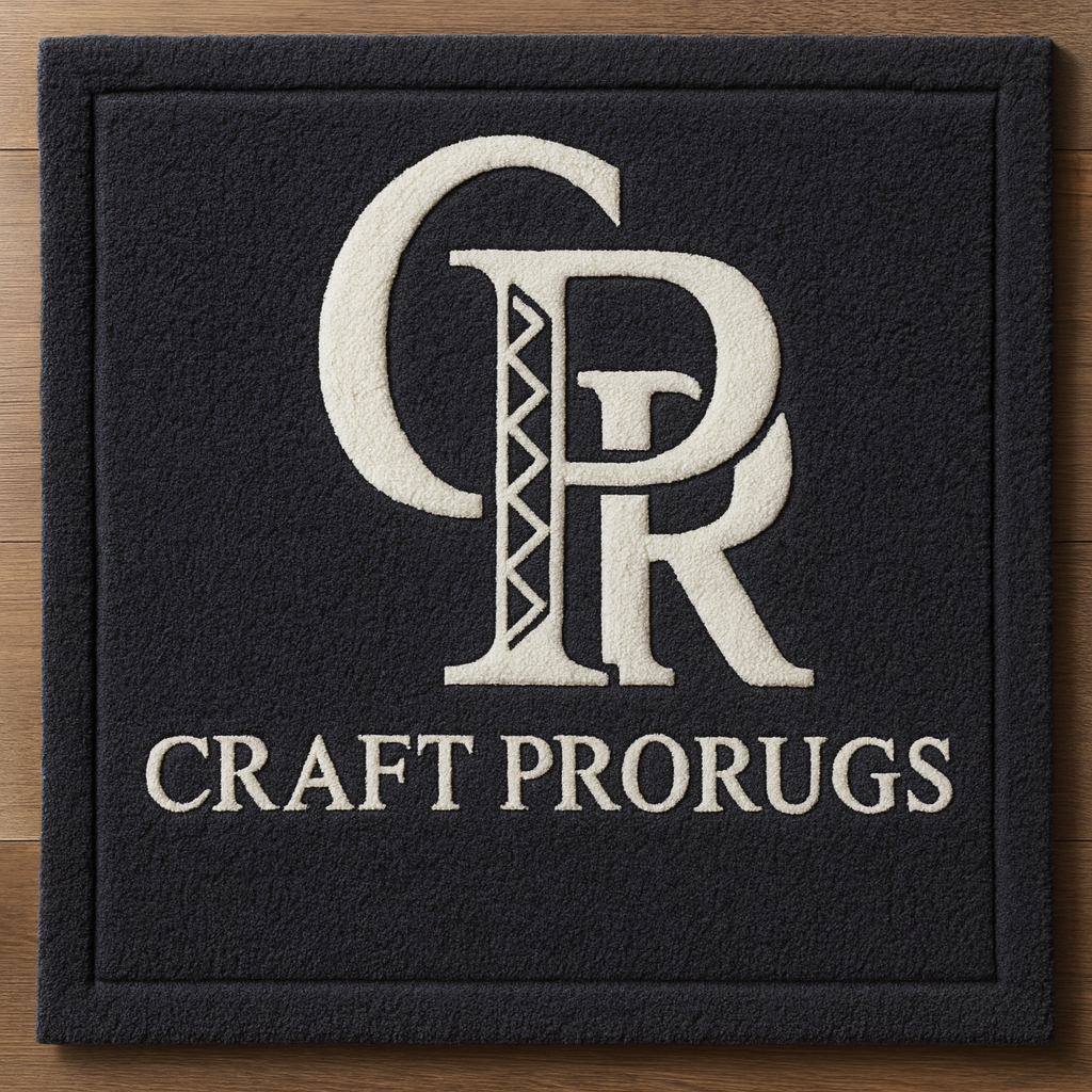 Black CPR logo rug top view showing white monogram design on a hand-tufted square rug placed on wooden surface.