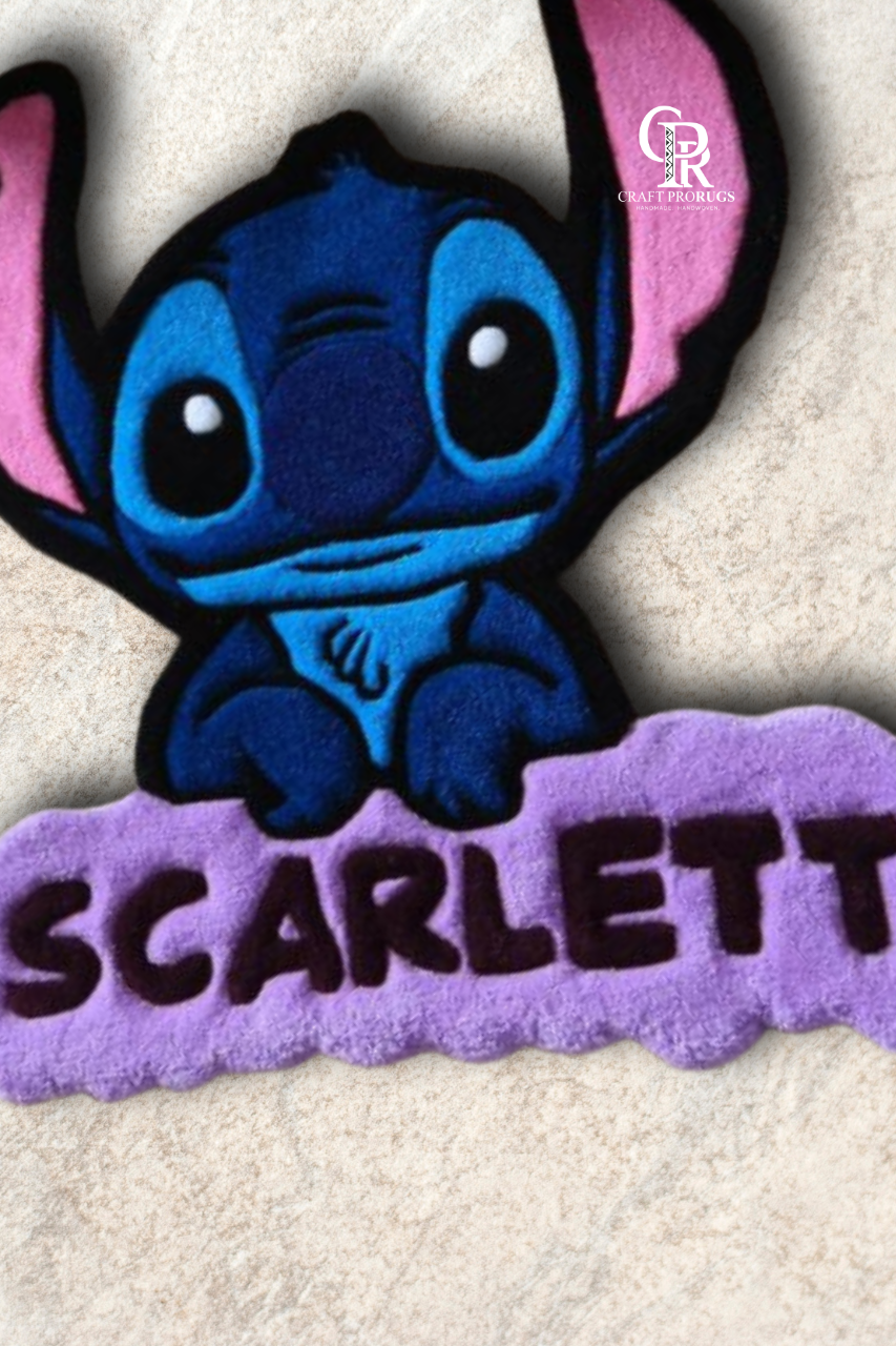 close-up of Blue Alien hand-tufted name rug showing soft texture, vibrant colors, and detailed alien design
