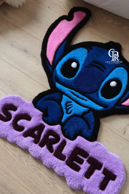 side view of Blue Alien hand-tufted name rug showing shape, thickness, and vibrant colors