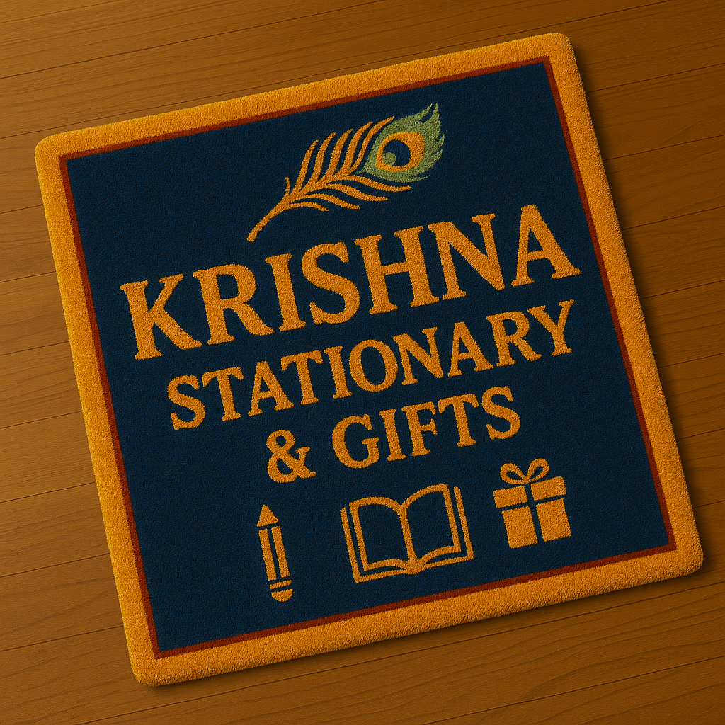 Blue Krishna Stationary & Gifts rug angled view showing yellow branding and icons on a hand-tufted rug over wooden surface.