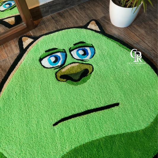 Bored Face Rug angled view highlighting its unique character shape and handmade tufting