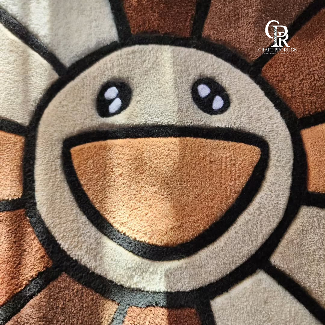 close face look of brown smiley flower hand-tufted rug showing the smiley center and tufted detailing