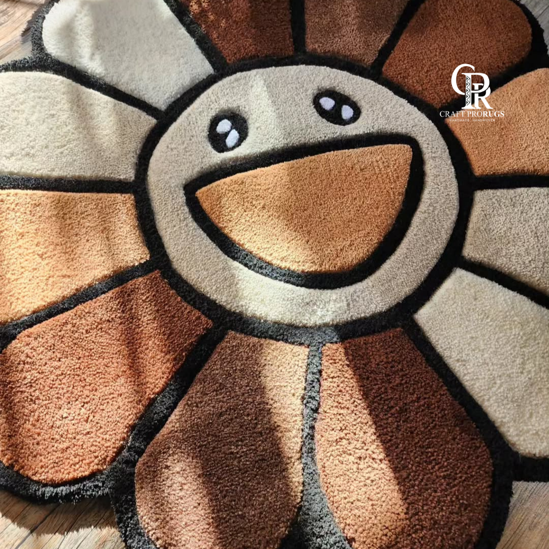 left side view of brown smiley flower hand-tufted rug showing side angle, shape, and tufted edges