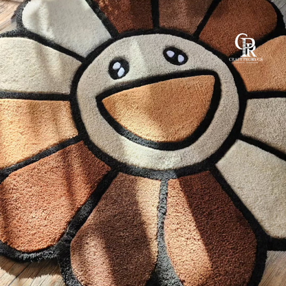 left side view of brown smiley flower hand-tufted rug showing side angle, shape, and tufted edges