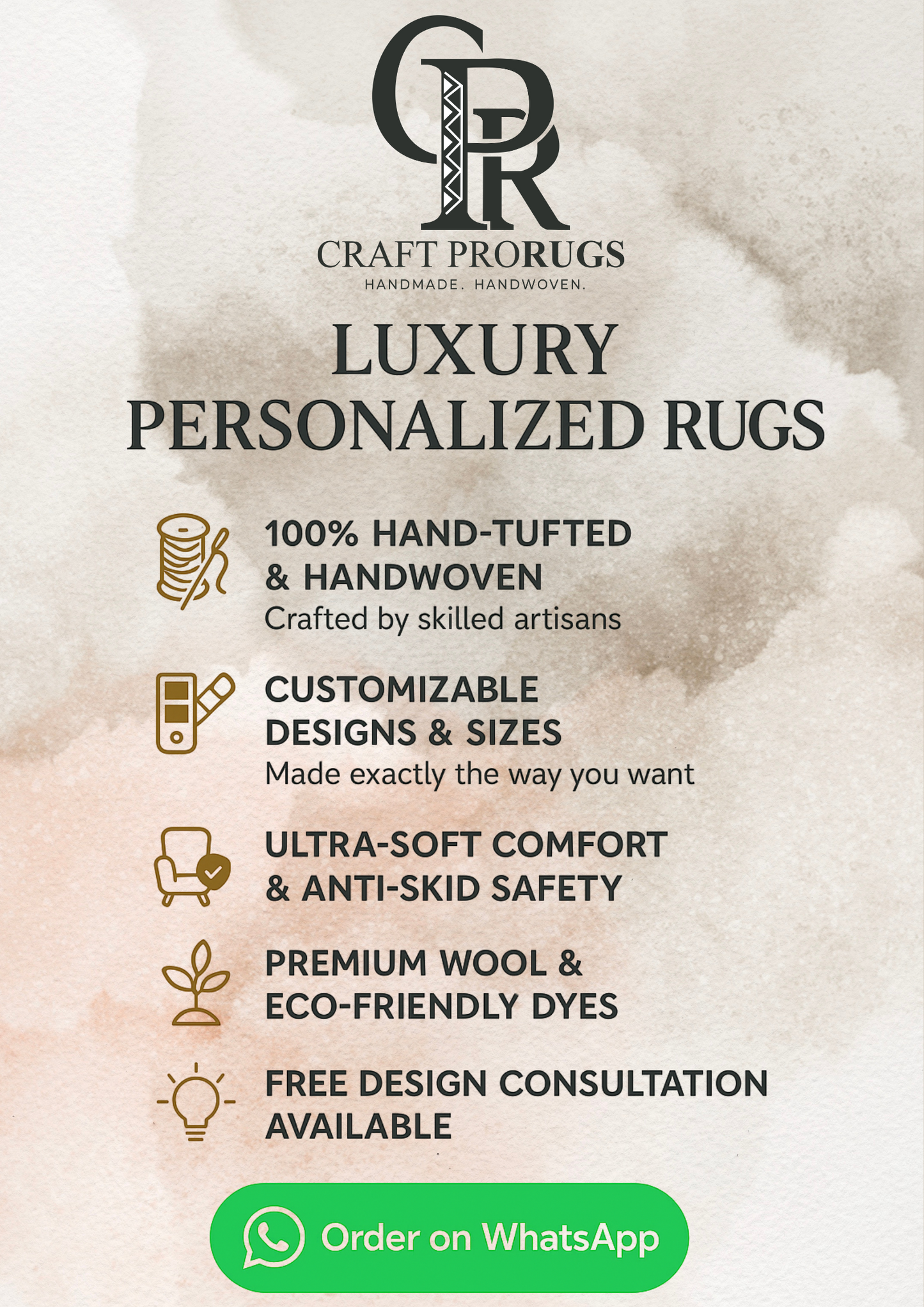 Craft Pro Rugs brand card showing luxury personalized rugs details and contact information