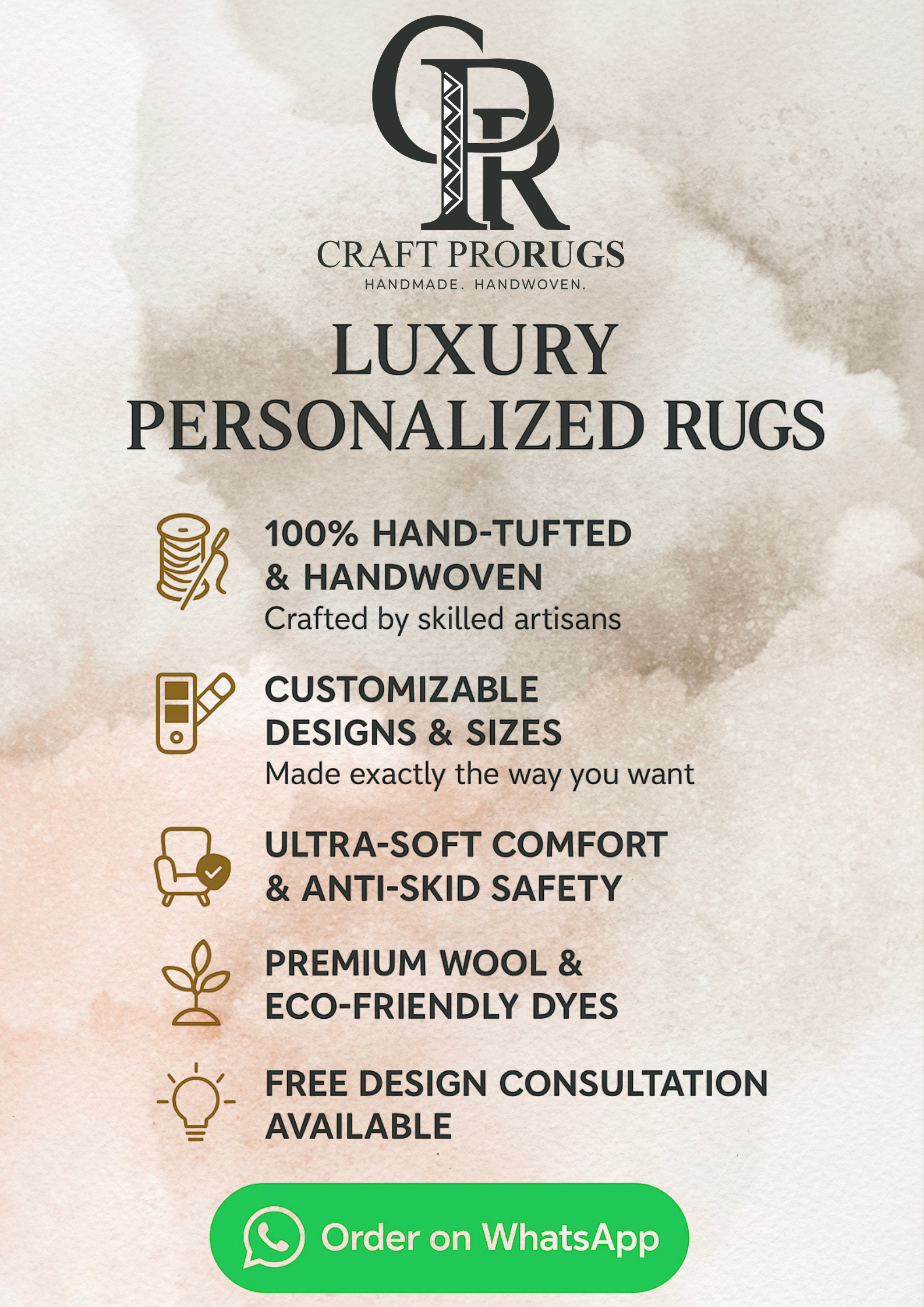Craft Pro Rugs brand card showing luxury personalized rugs details and contact information