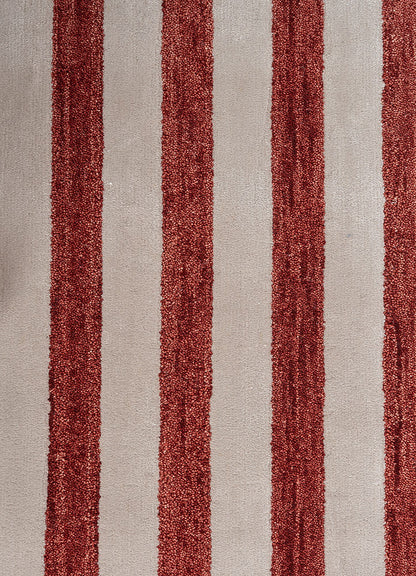 Border detail of Crimson Rhythm Striped hand tufted wool rug with contrasting dark edges and crisp vertical stripe design.