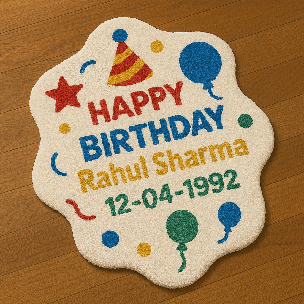 Custom Birthday Name Rug front view showing “HAPPY BIRTHDAY Rahul Sharma 12-04-1992” on a hand-tufted rug placed on wooden surface.