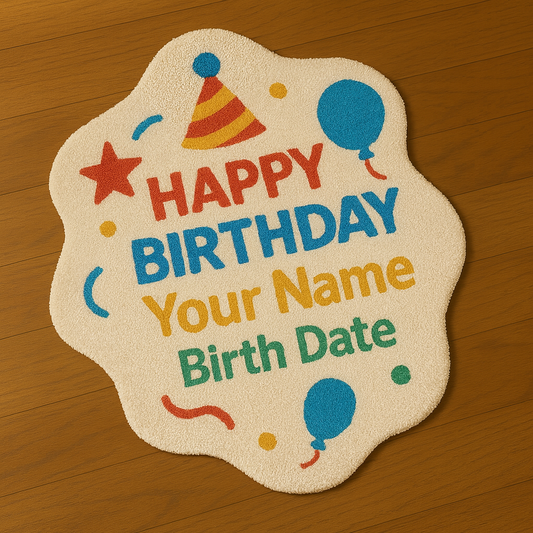 Custom Birthday Name Rug front view showing editable text “Your Name • Birth Date” on a colorful hand-tufted birthday theme rug.