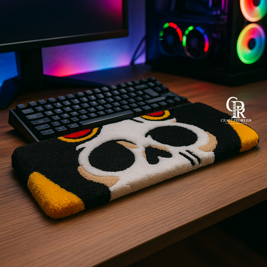 Dark skull hand‑tufted keyboard desk mat with bold skull design