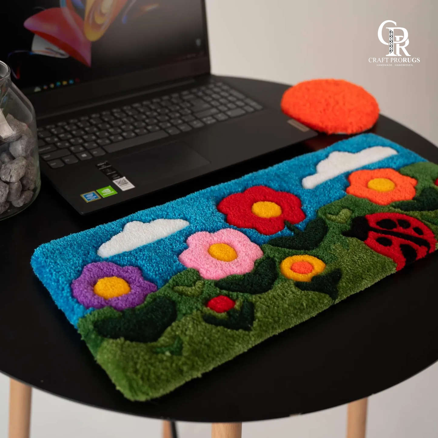 Angled view of Floral Aura Keyboard Rug showing cozy wrist rest design and bright floral motifs for cheerful workspace