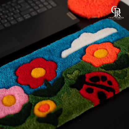 Close view of Floral Aura Keyboard Rug highlighting hand tufted details and colorful flower design