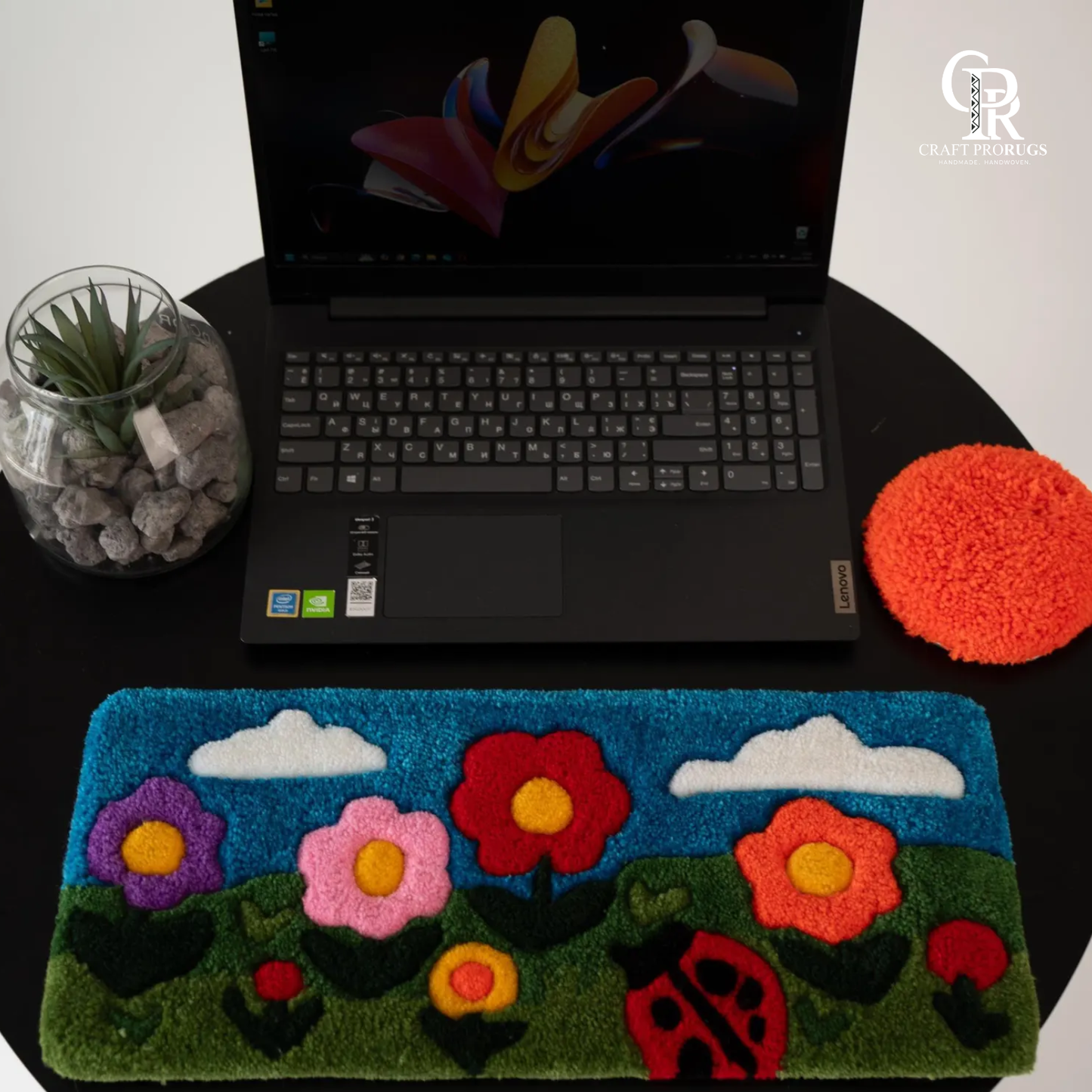 Floral Aura Keyboard Rug front view showing vibrant floral design with soft texture placed in front of keyboard for desk setup