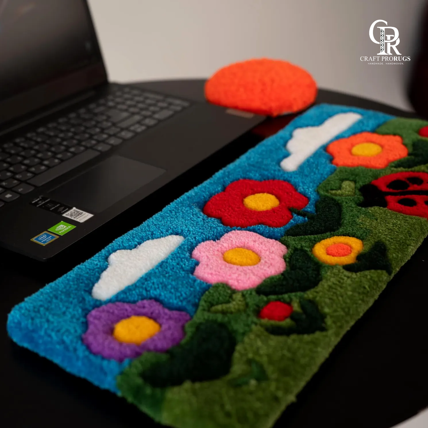 Floral Aura Keyboard Rug side angle view showing soft raised floral texture handmade detailing and cozy wrist rest height