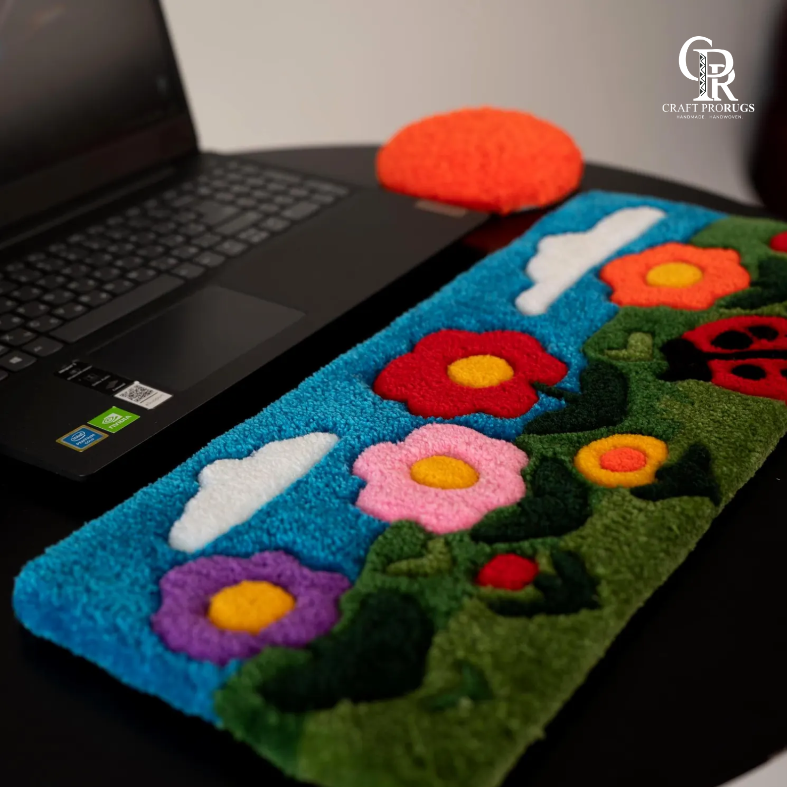 Floral Aura Keyboard Rug side angle view showing soft raised floral texture handmade detailing and cozy wrist rest height
