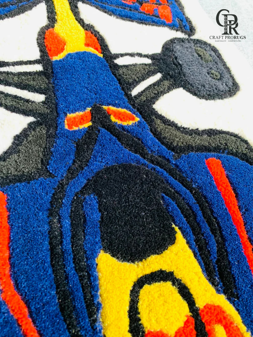 Close texture of hand-tufted formula racing car rug showing plush wool blend, clean carving, and durable soft pile for daily use