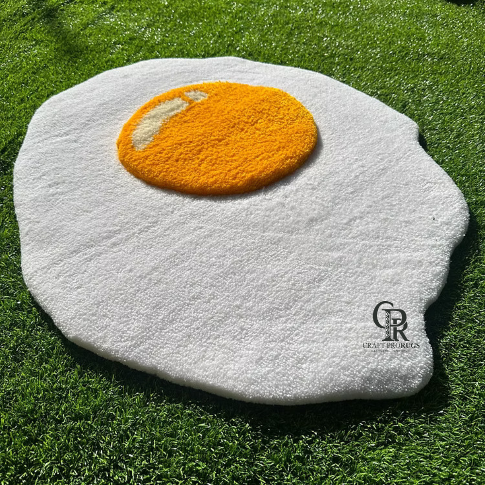Angled view of fried egg shaped hand-tufted rug placed on grass with clear yolk and white edge visible.