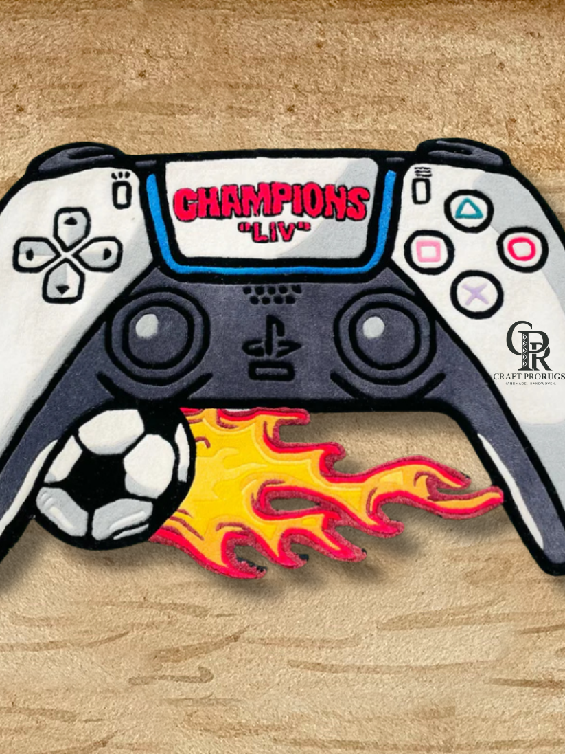 Close texture of hand-tufted game controller rug showing plush wool blend, clean carving, and soft durable pile for everyday use