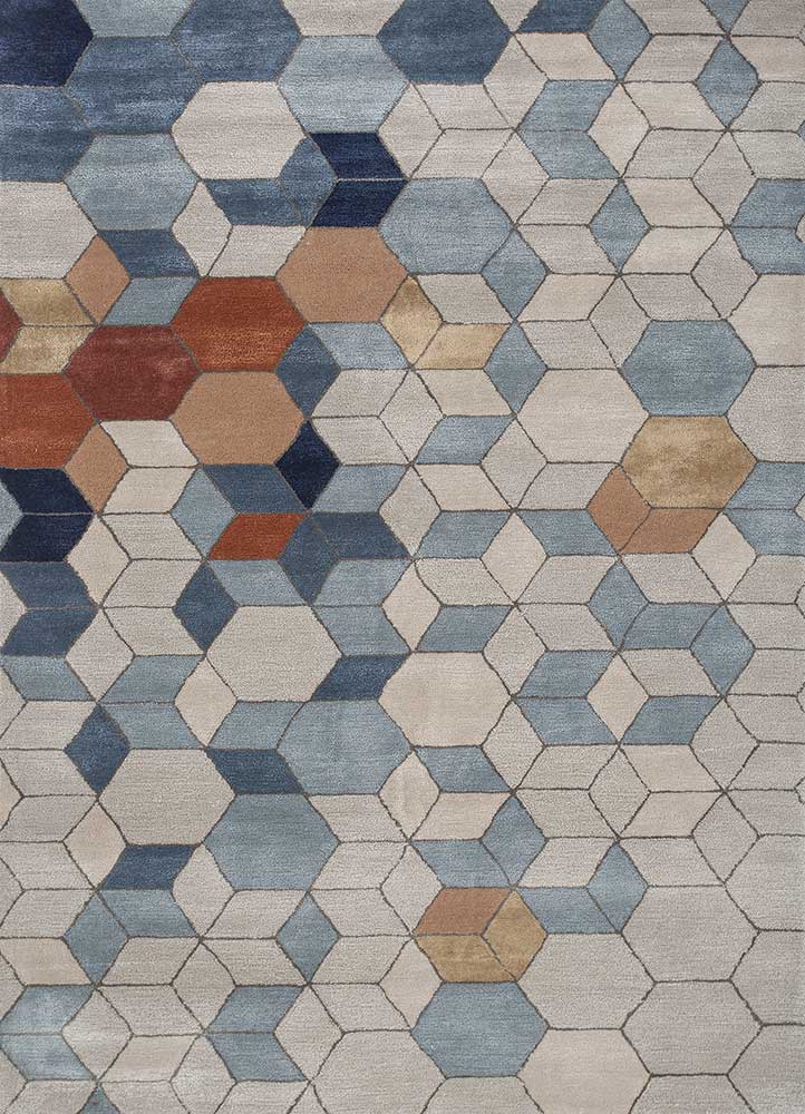 Full view of Geometric Hexa hand tufted wool rug showing complete hexagon pattern.