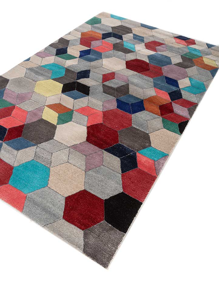 Side view of Geometric Mosaic hand tufted wool rug showing thickness and edge.