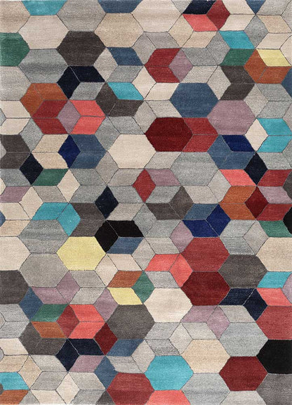 Geometric Mosaic hand tufted wool rug top view showing full mosaic design.